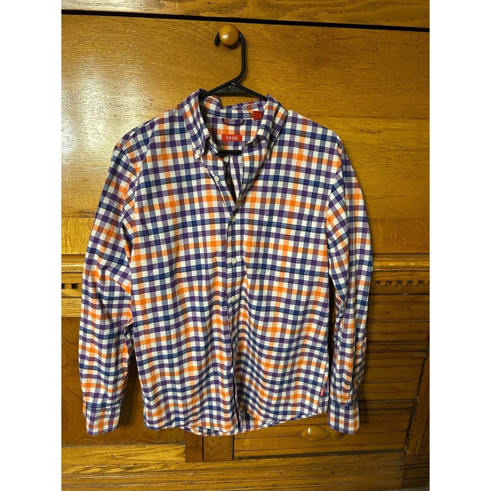Modern Preppy IZOD Frat Purple Orange Gingham Check Button Down Shirt Casual Med